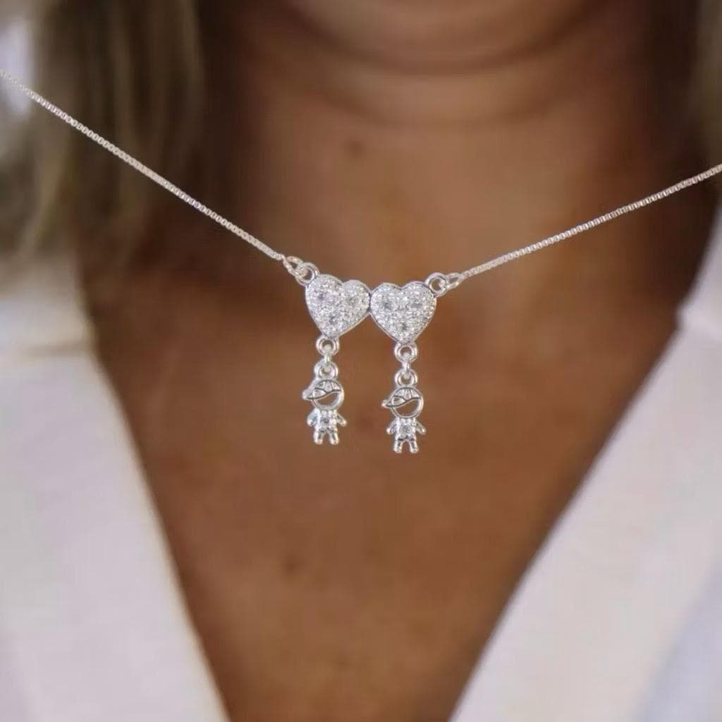 Colar de Filhos Coração Filho Filha Gêmeos Folheado à Prata e Dourado