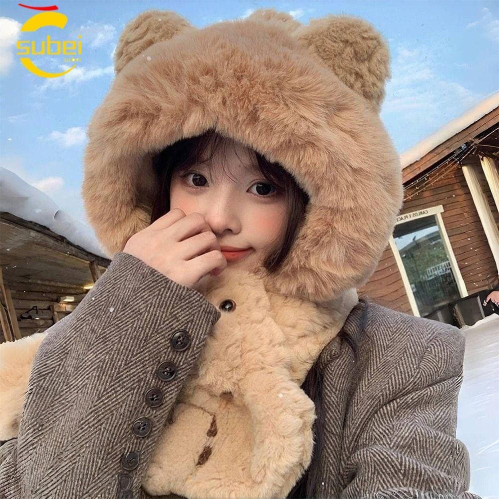 SUBEI Gorro Chapéu Cachecol , Lenço De Boné Integrado De Inverno À Prova De Vento Quente , Conjunto De Pelúcia Casual En