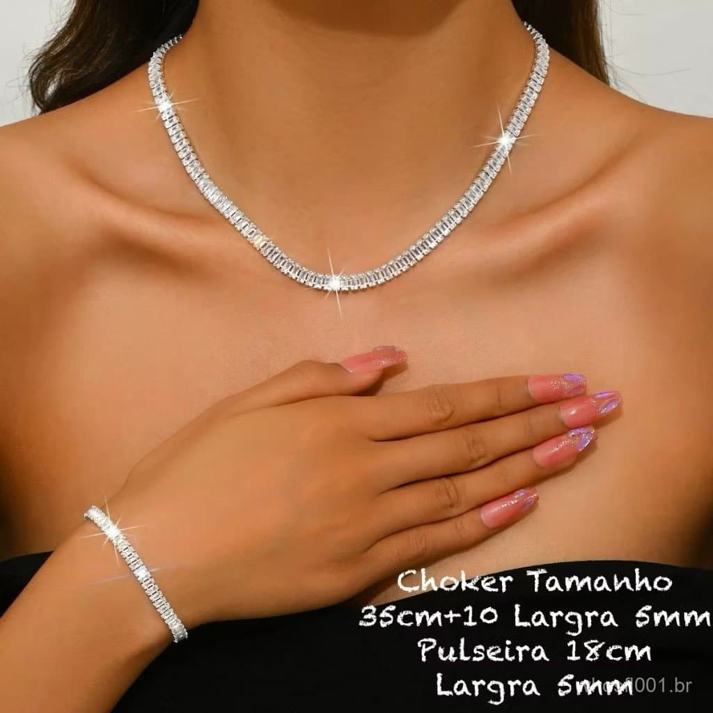 Kit Colar e Pulseira Baguete Zircônia  a Ouro 18K a prata 925 antialérgico