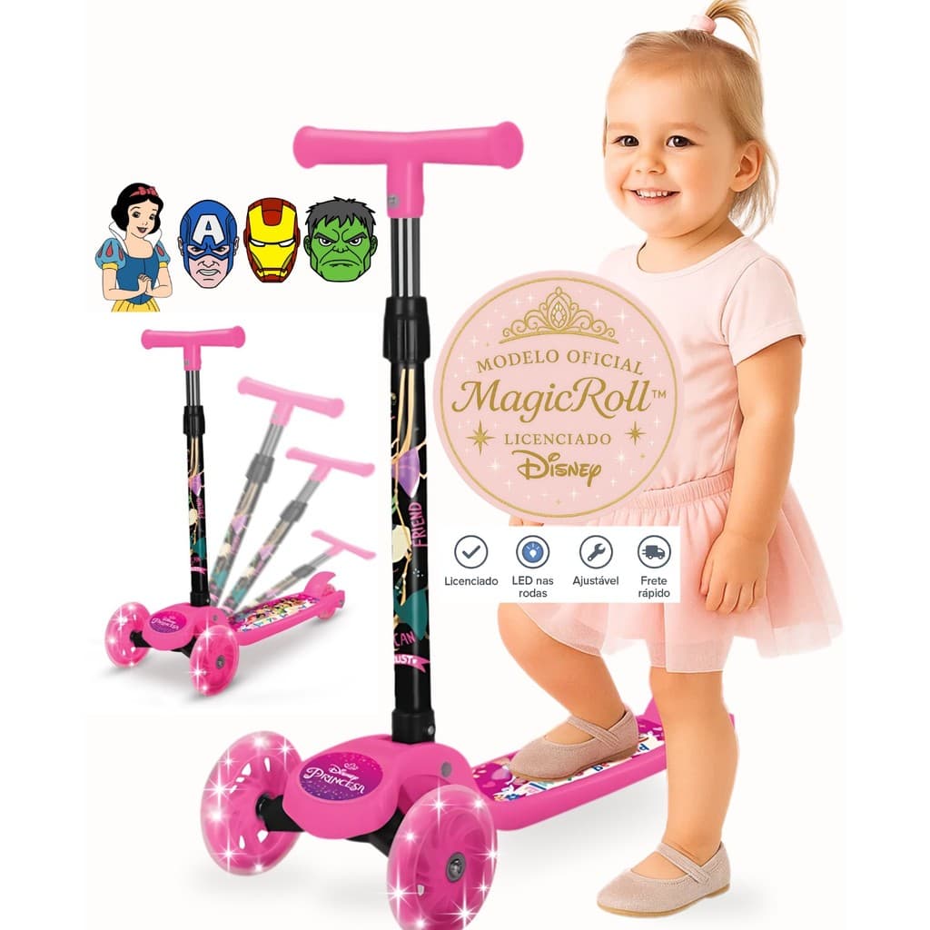 Patinete Infantil 3 Rodas Disney Princesas LED, Altura Ajustável, 3+