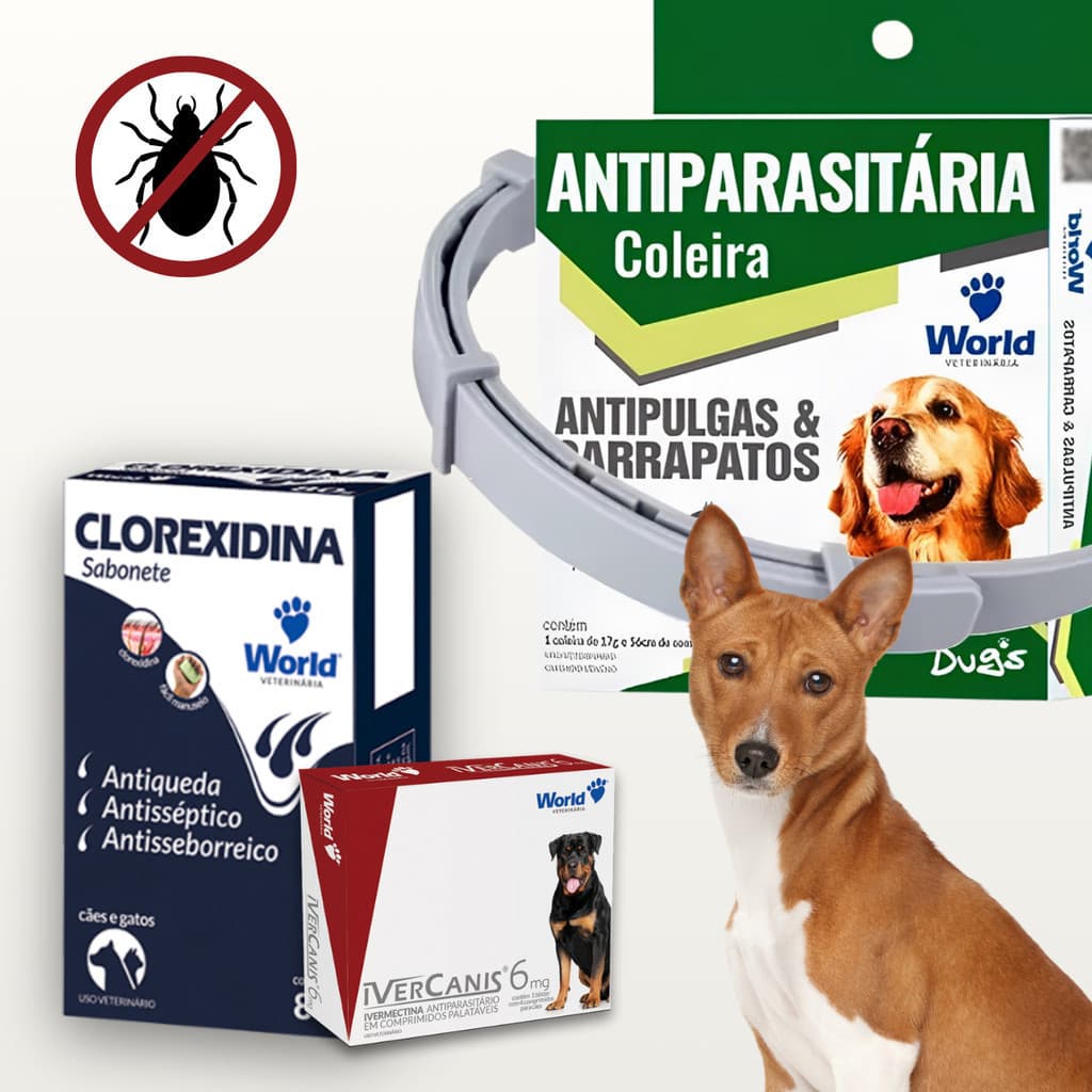 Kit Sabonete Clorexidina Coleira Antipulga Anticarrapato Ivercanis Antiparasitário World Veterinária