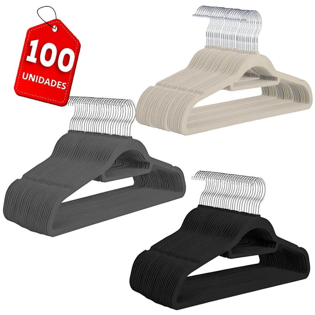 Kit 100 Cabides Aveludado Slim Gancho Giratório 360º Roupas Delicadas 42cm