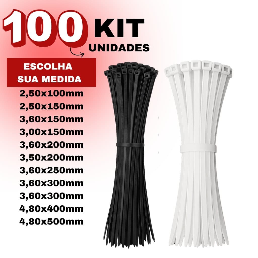 Kit 100 Cintas Plasticas Abraçadeira Nylon Enforca Gato Preto/Branco Tarap