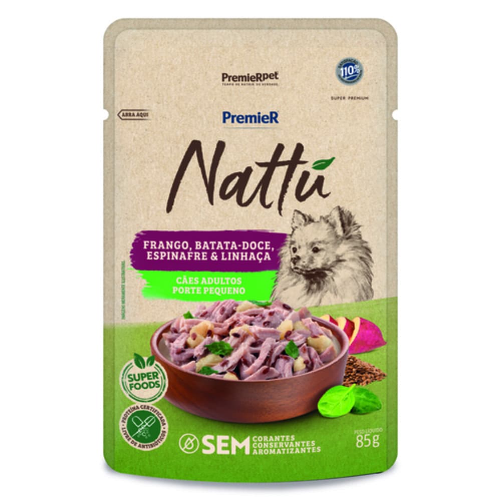 Ração úmida sachê para cães adultos porte pequeno Premier Nattú 85g