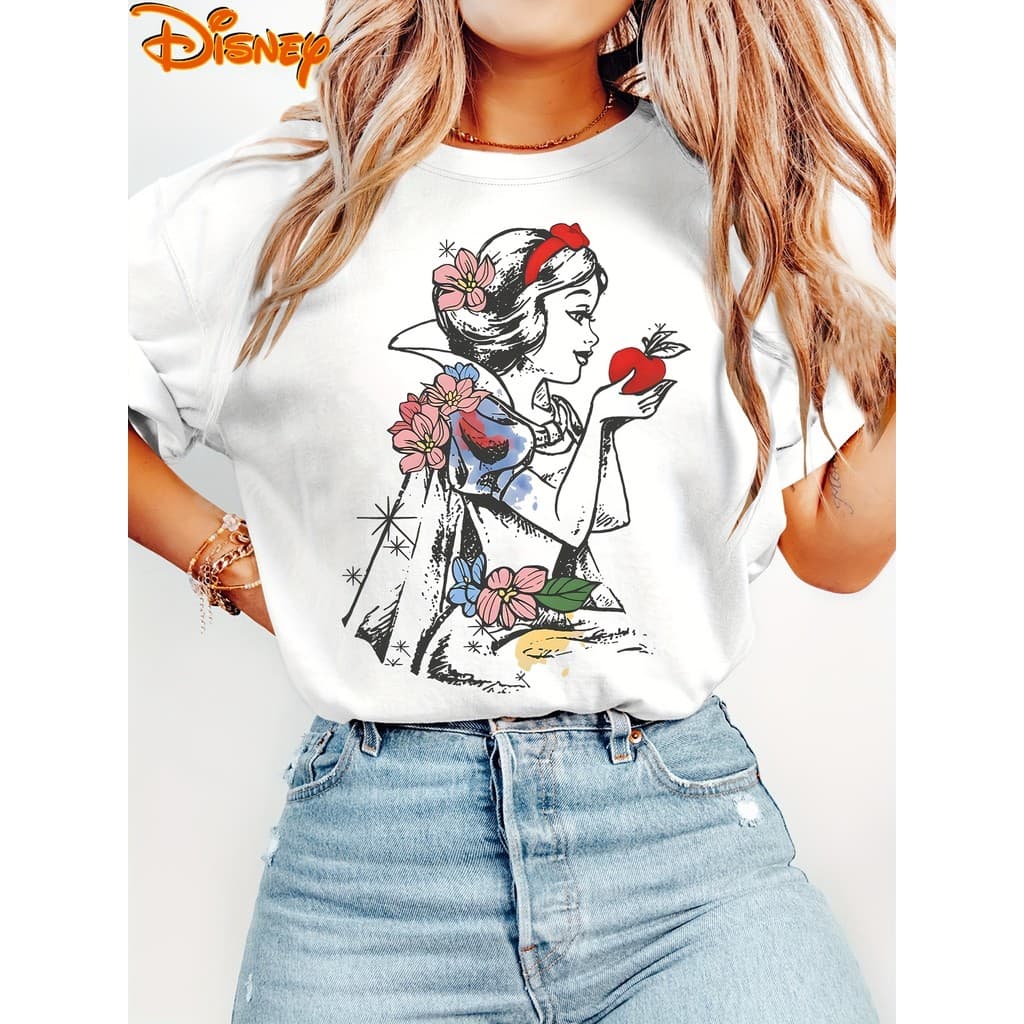 Camiseta Feminina Casual Plus Size De Algodão Com Uma Linda Estampa De Grafite Da Branca De Neve