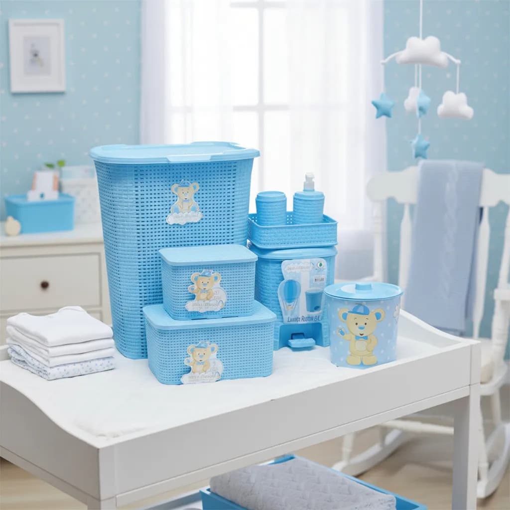 Kit Organizador Azul Quarto Do Bebê Menino Cesto Lixeira Caixa Multiuso