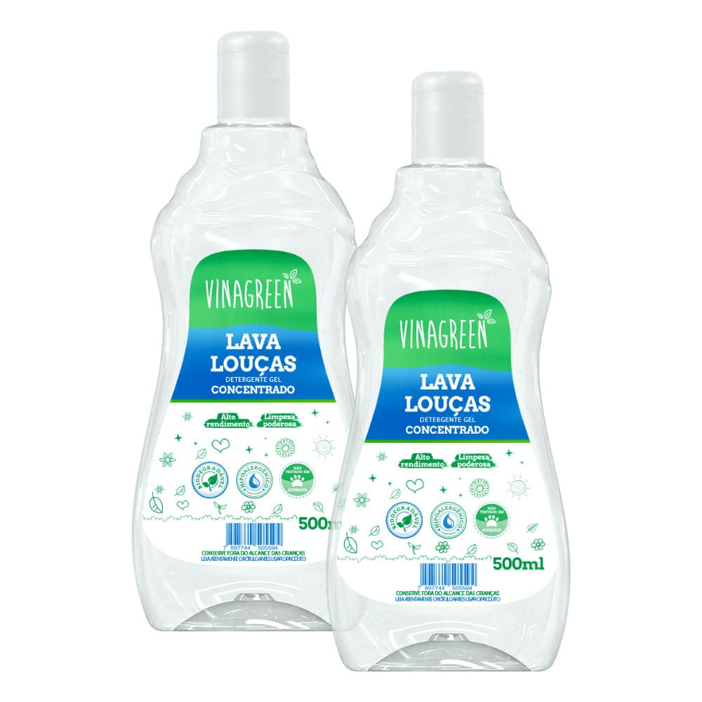 2 Lava Louça Hipoalergênico Pele Sensível Vinagreen 500ml Desengordurante Prato Panelas Fogão Copos