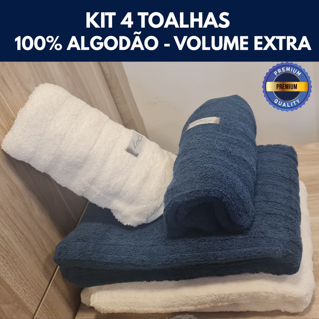Jogo Toalhas Banhão 4 Peças 2 Banho + 2 Rosto Azul Marinho Branco Cinza Volume Extra Maciez