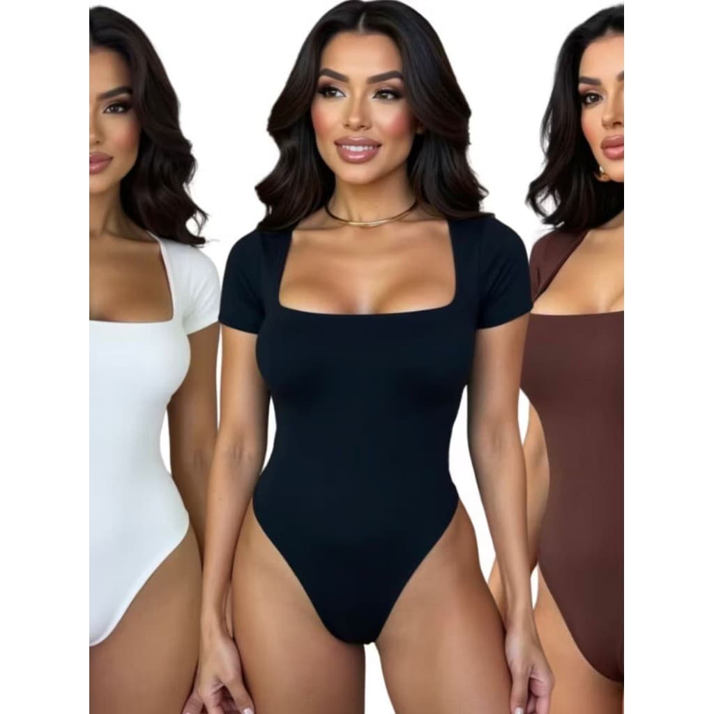 Body Feminino Decote Quadrado Manga Curta Forro Duplo Suplex Liso Verão