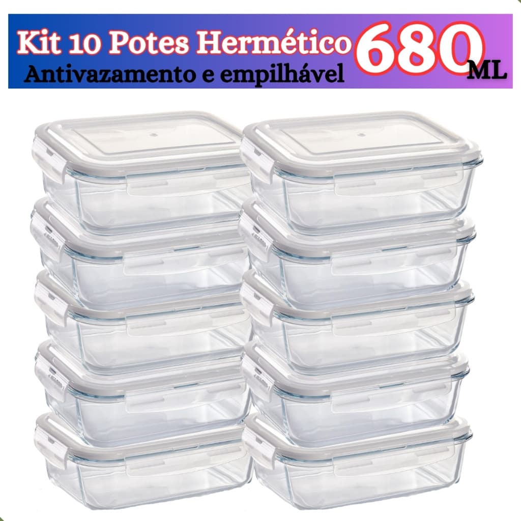 Conjunto 6 até 12 Potes de Vidro 370ml ou 640ml Hermético Marmita Fit com Tampa 4 Travas Premium