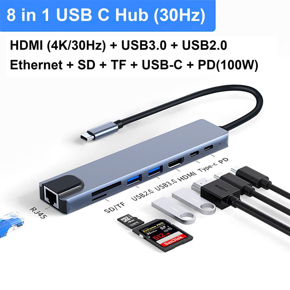 8 In 1 USB Hub Type C Splitter Multi-Function USB Hub Expansion Dock TF Card Reader