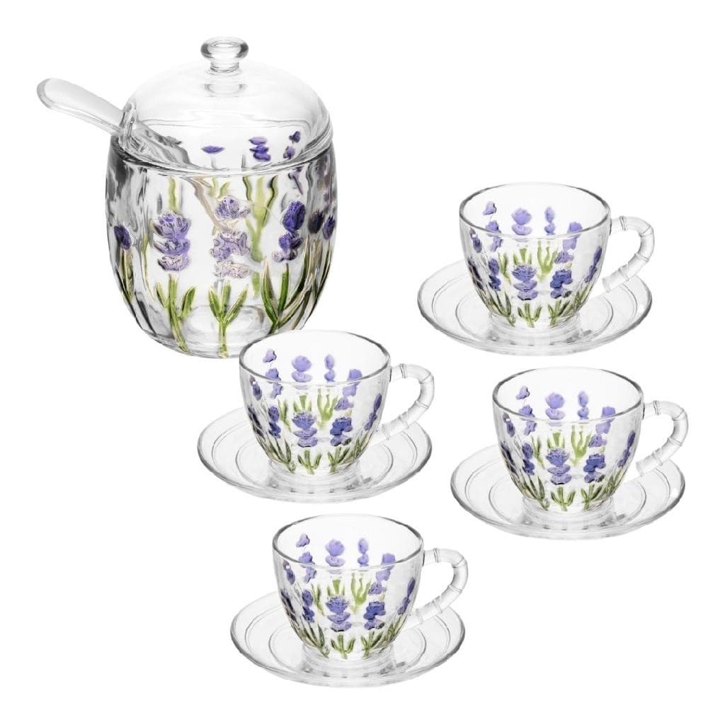 Kit 4 Xícaras  com Pires Porta Açúcar Lavanda Luxo Resistente Cappuccino Café com Leite Chá