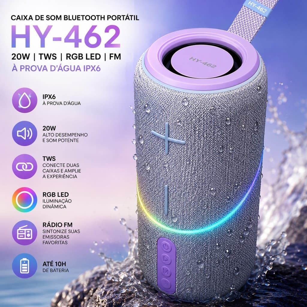 Caixa de Som Bluetooth Portátil 20W HY-462 à prova d'água IPX6 TWS RGB LED Alto Falante FM