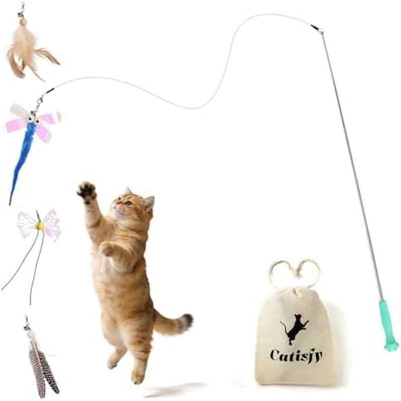 Brinquedo De Varinha De Gato-Retrátil Com Recargas De 4 Penas Para Enriquecimento De Gatos Internos , Interativo Adultos