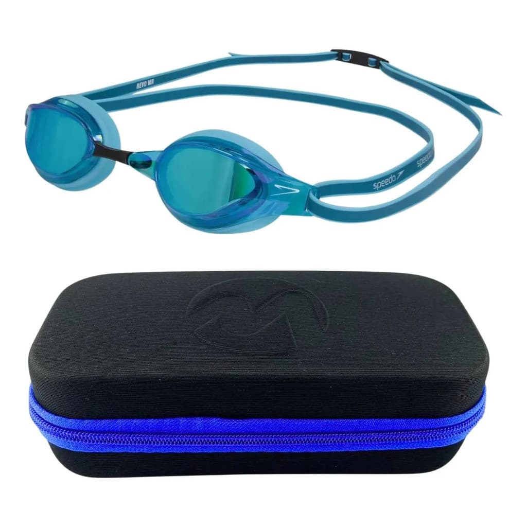 Óculos Natação Espelhado Speedo Revo Azul + Estojo Porta Óculos de Natação Medinas Logo