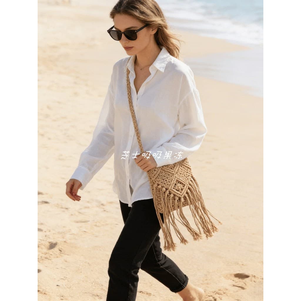 2026 novo estilo saco de férias tecido borla saco feminino verão férias estilo bolsa ombro saco do mensageiro lazer prai