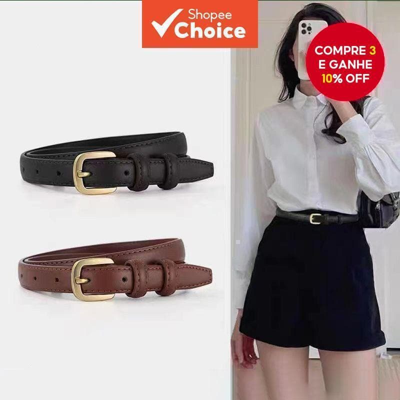 Cinto de Couro Feminino Coreano Estiloso - Fivela de Metal Preto Sofisticada para Jeans e Vestidos