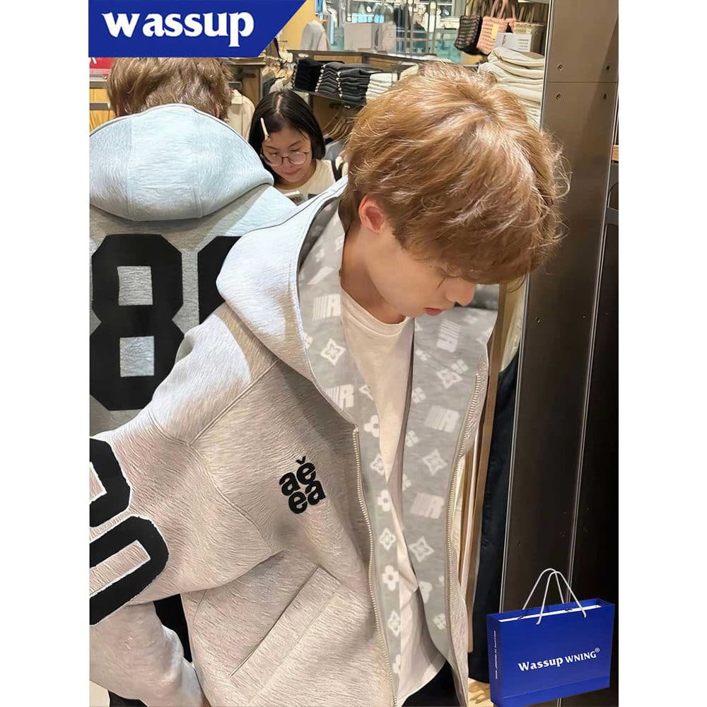 WASSUP2025 Novo Estilo Nacional Trendy Cinza Bordado Zíper Moletom Com Capuz Cardigan Masculino Longo-