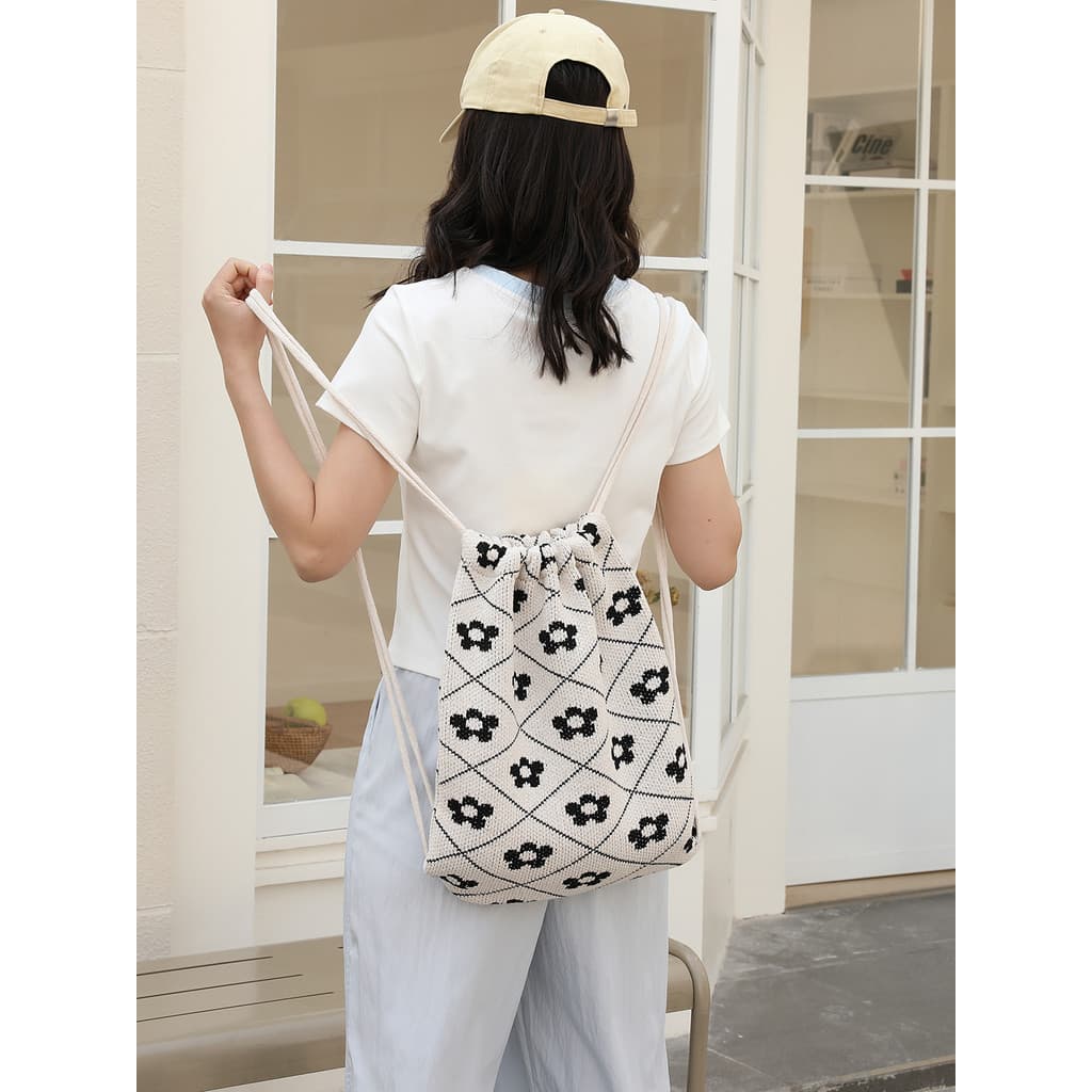 Japonês bonito cordão balde saco All-Match leve listrado contraste cor mochila verão fio de algodão viagem mochila femin