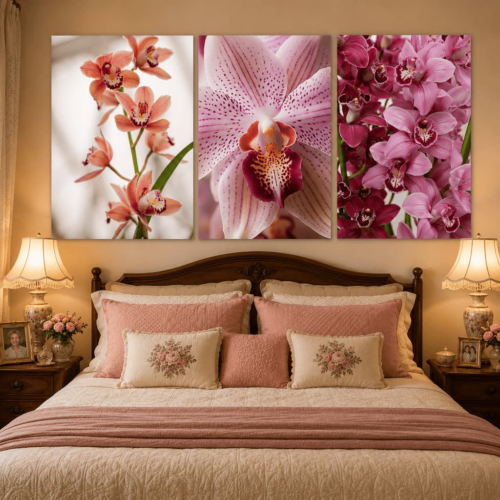 Quadros Decorativos Trio Moderno Luxo Sala Orquídeas Floral Rosa Feminino