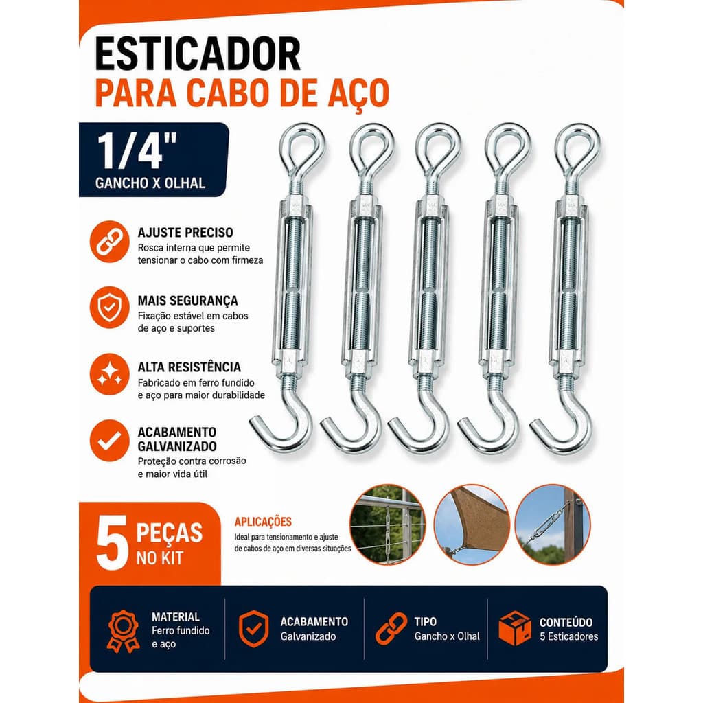 Esticador Para Cabo De Aço 1/4 Eda Kit Com 5 Peças Ferro Fundido E Aço