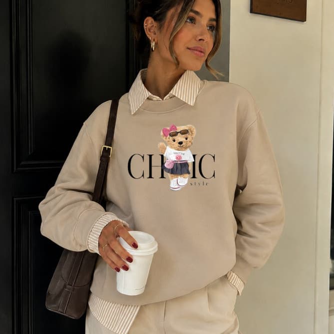 Moletom Feminino Flanelado Blusa de Frio Gola Redonda Ursinho Estiloso Casaco Quentinho Suéter