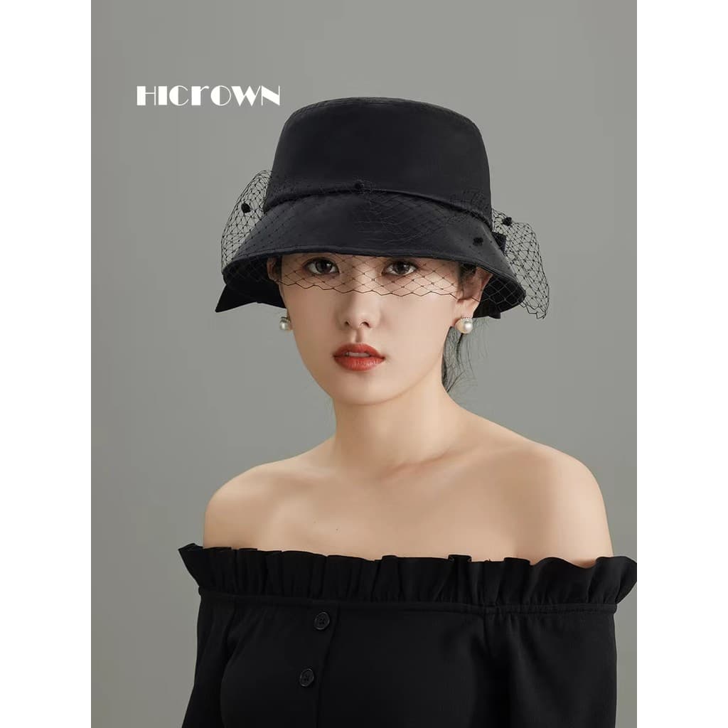 Outono inverno novo estilo preto véu arco balde chapéu bacia feminino francês Retro rosto-olhando pequeno dobrável elega