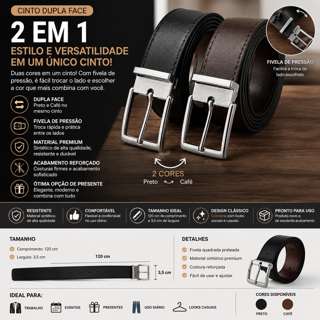 Cinto Masculino Dupla Face Preto Café Fivela Prateada Ajustável Material Sintético