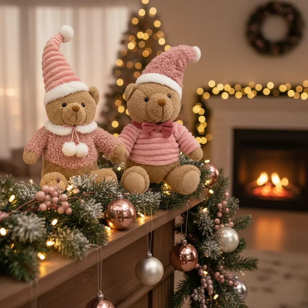 Casal Urso Pelucia Natalino Cor Rosa Touca 43cm Decoração
