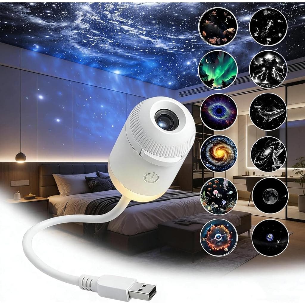 Projetor de Galáxia com Luz Noturna, Projetor de Estrelas 2 em 1 com Controle por Toque e Braço Flexível, Alimentado por