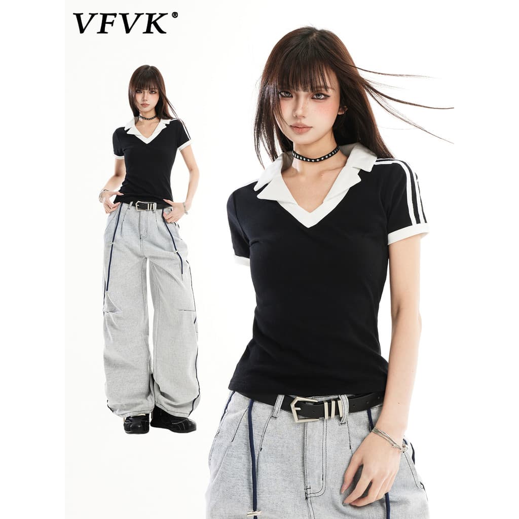 Vfvk americano Retro quente estilo menina camiseta de manga curta feminina 2026 verão fino ajuste lapela mais magro olha