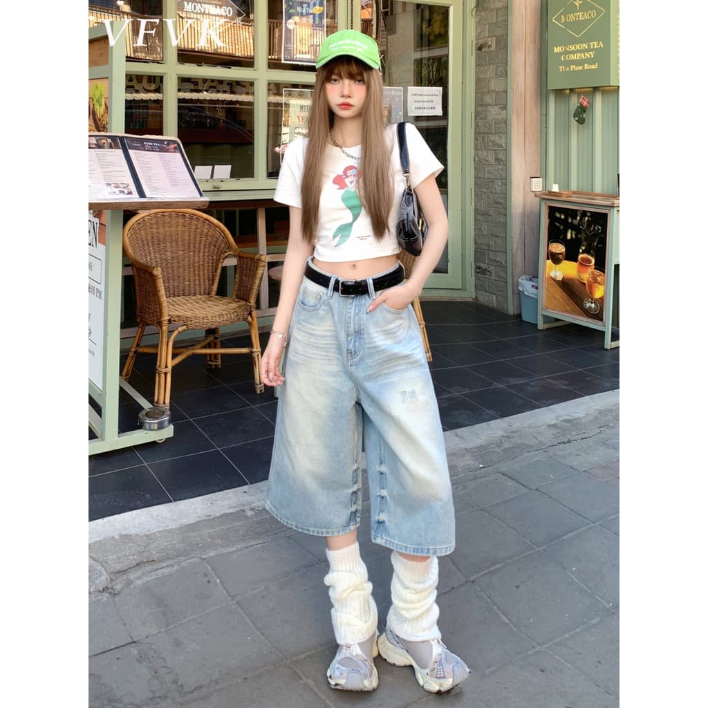 Vfvk calças cortadas de cor clara femininas 2026 novo estilo pequenas calças de verão calças Jeans femininas perna larga
