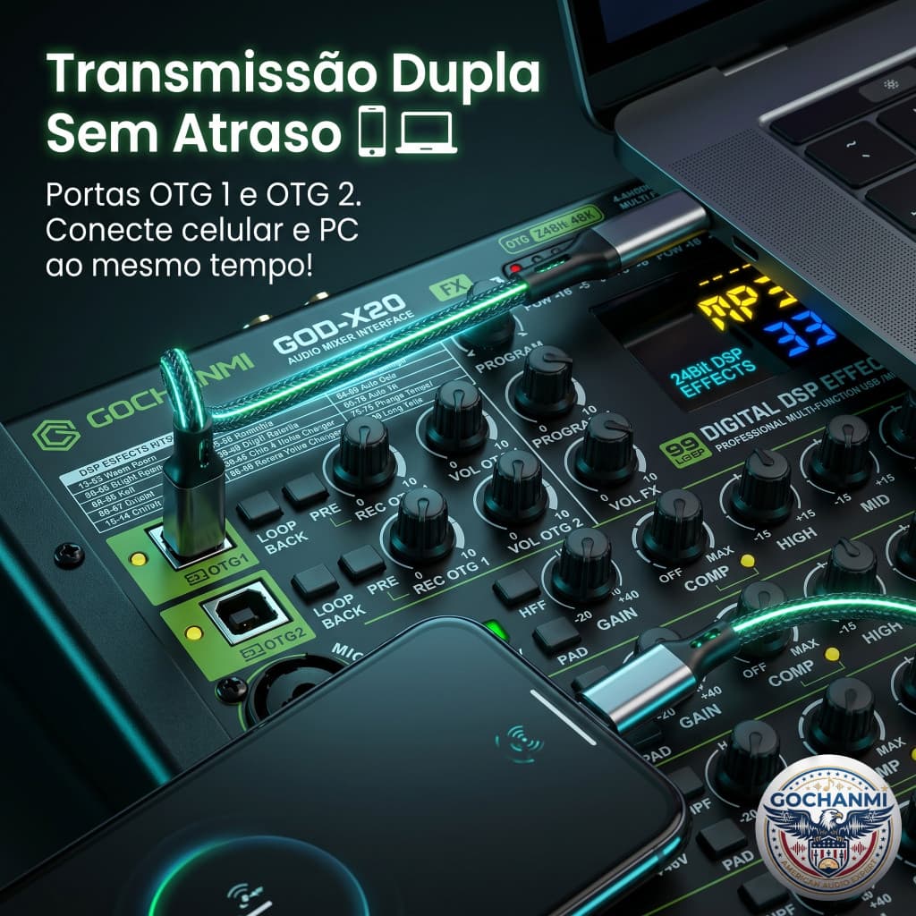 Mixer Profissional GQD-X20 4 Canais com Duplo OTG para Celular e Computador