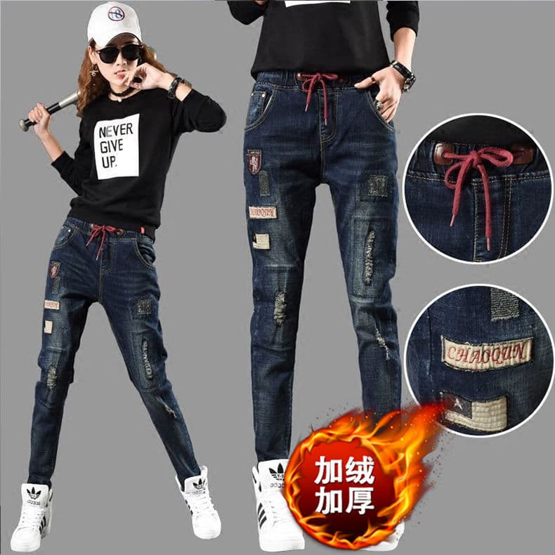 Velo Plus Size solto Jeans feminino cintura alta gordura mm elástico versão coreana estudante outono All-Match mais magr