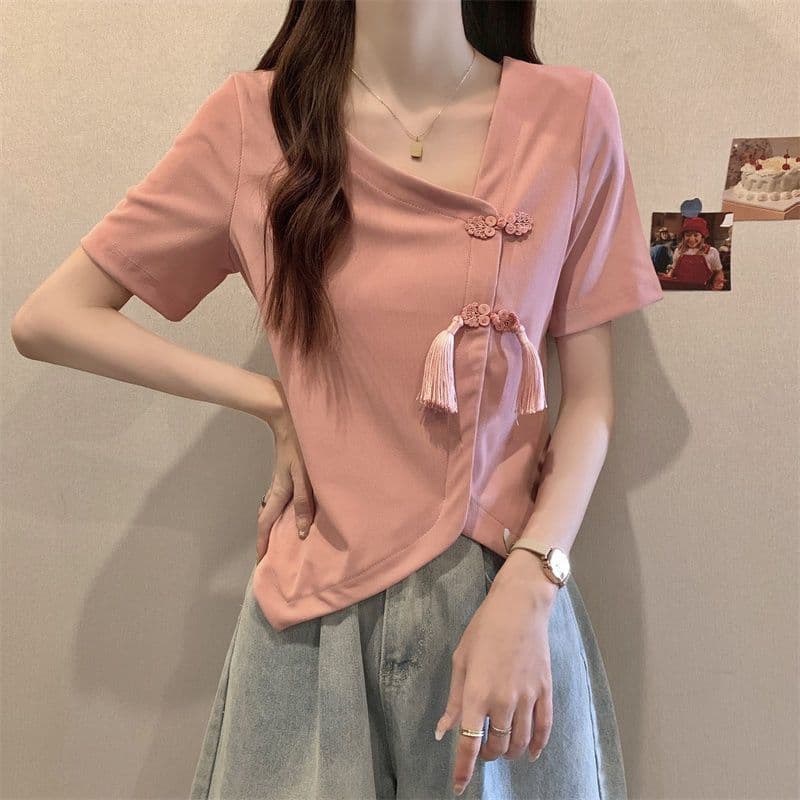 Plus Size feminino novo estilo chinês fivela Irregular curto topo verão gordura mm capa barriga com decote em v Formal o