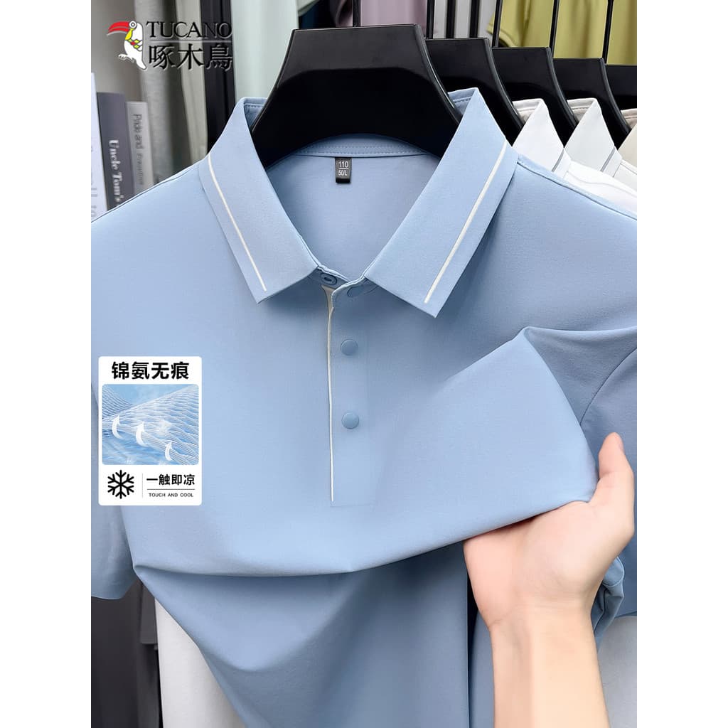Woodpecker verão gelo seda masculina de manga curta camiseta 2026 novo estilo lapela camisa polo pai usar Casual topo ca
