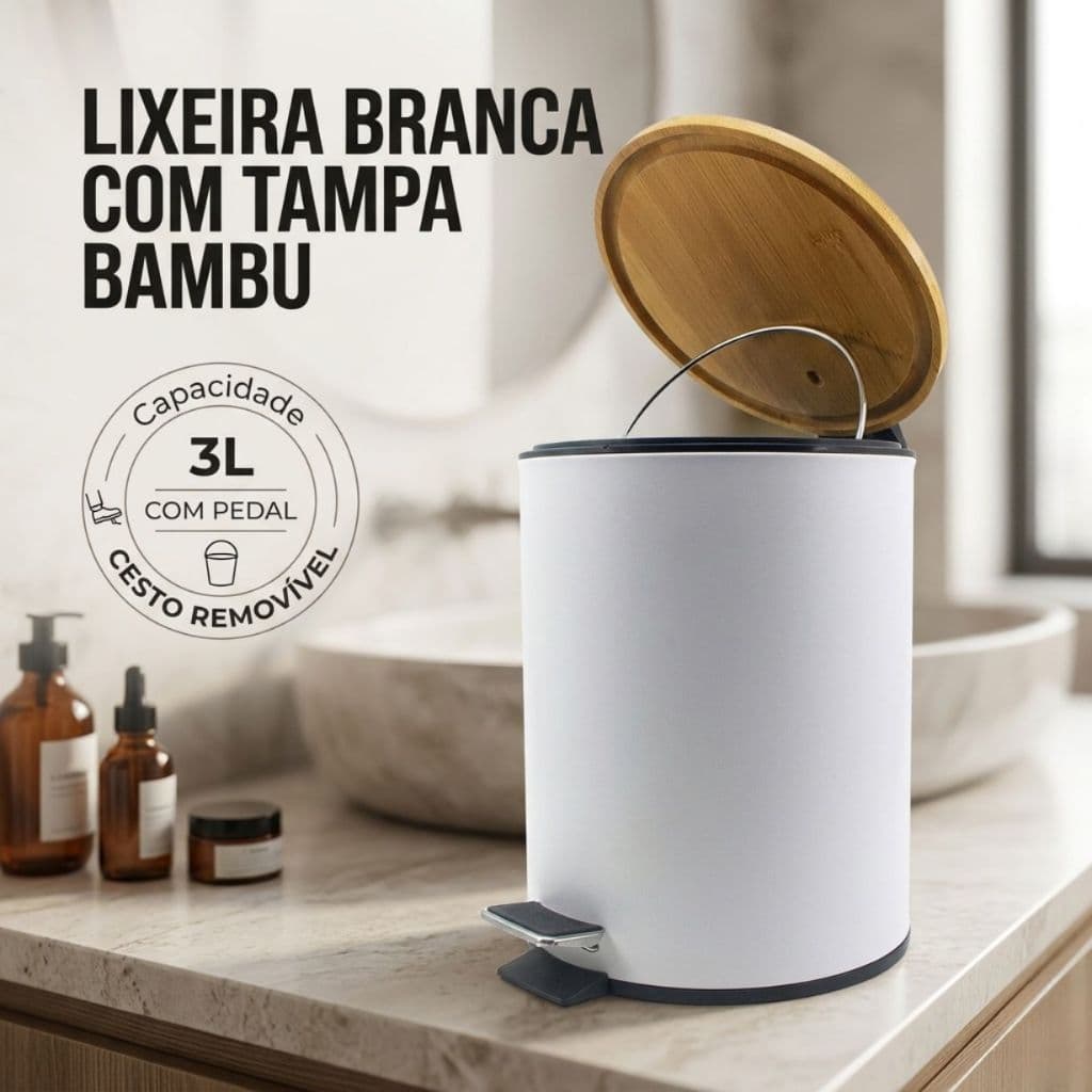 ️ Lixeira Inox Tampa de Bambu 3 Litros Pedal  Cesto Removível com Alça para Banheiro Cozinha ️Escritório