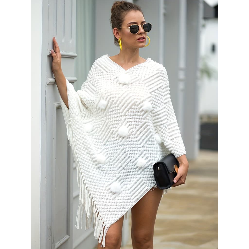 Poncho Feminino com Franjas e Pompom, Manga Morcego, Solto, Estilo Western, Novo, Capa Xale Suéter com Capuz para Invern