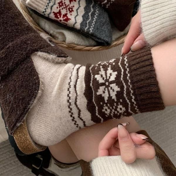 Meias femininas algodão inverno estampa floco de neve vintage kit 3/6/9/12/15 pares