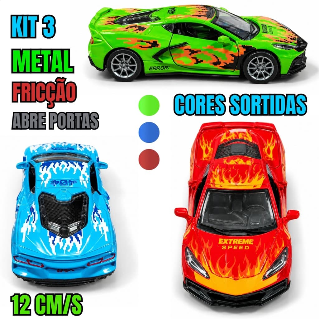 Kit 3 Miniaturas Sport Racing 12cm Metal Fricção Cores Sortidas