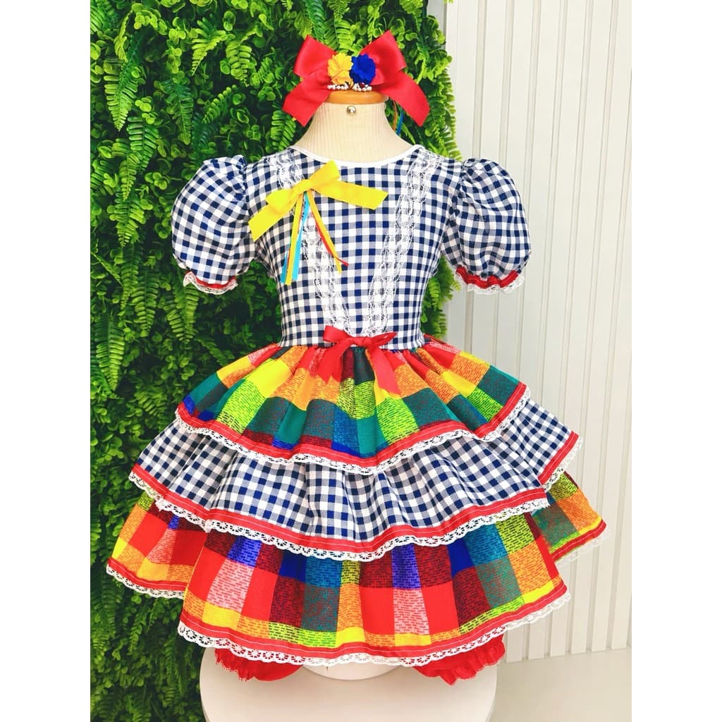 Vestido Infantil Junino Junina Xadrez Azul Marinho Colorido Renda