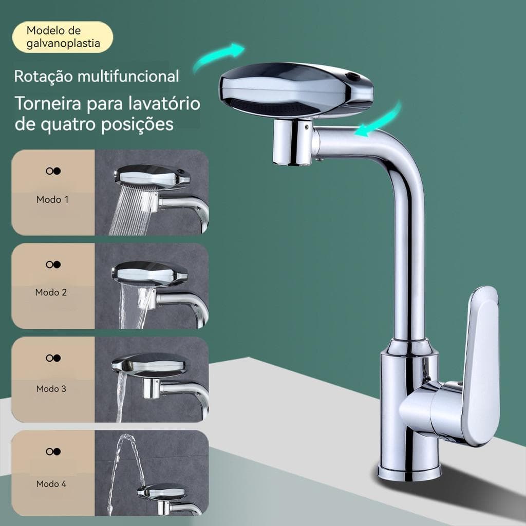 Torneira Estilo Misturador Banheiro Monocomando Bica Alta Luxo Cozinha 360° 4 Modos Ãgua + 50cm Tubo