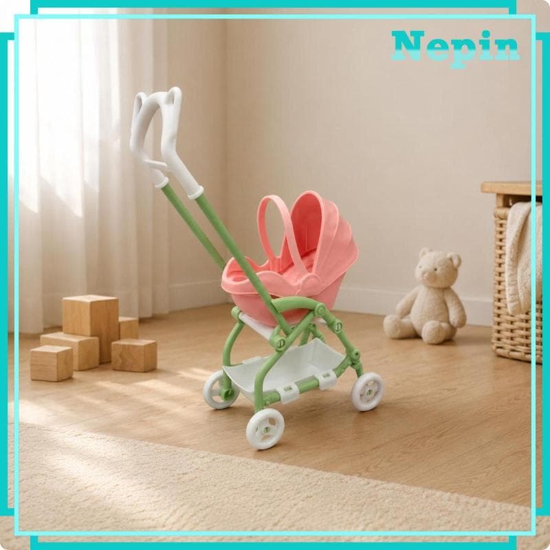 [Nepin] Design Realista Carrinho De Boneca Dobrável Leve Quatro Rodas Acessório De Jogo Moldura Verde