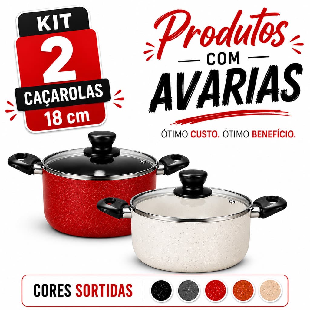 KIT 2 Caçarola Antiaderente 18 Cm Teflon Pequenas Avarias- Cores Sortidas