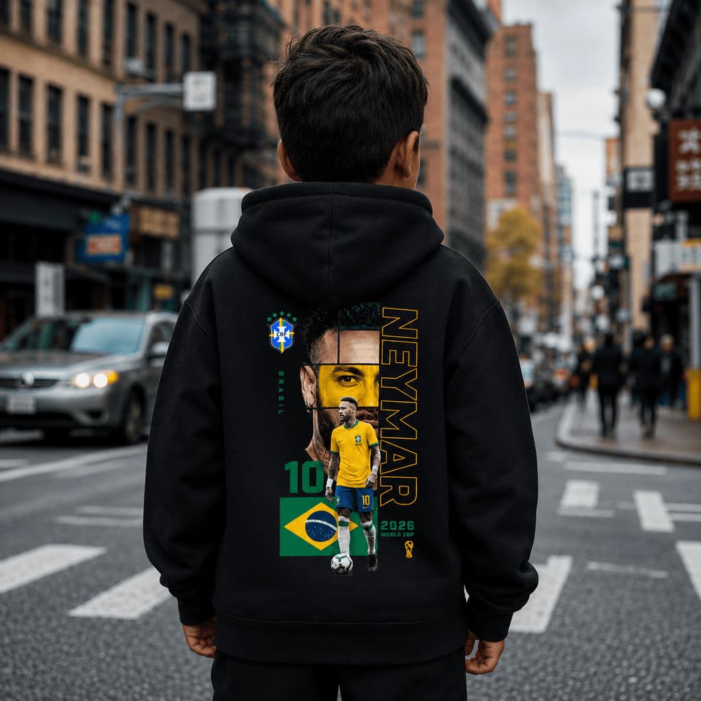 Moletom Infantil Neymar Jr Preto Algodão com Capuz Estampado