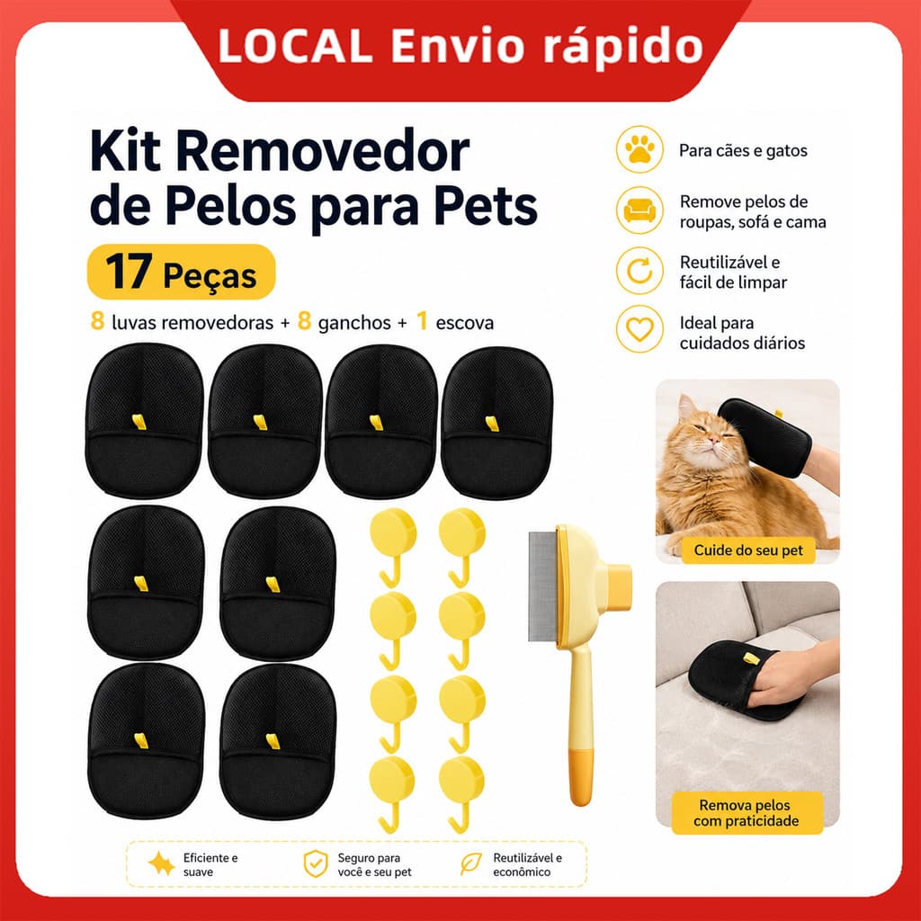 Luva Removedora de Pelos Pet 17 Peças, Dupla Face para Banho Higiene, Cachorro Gato Sofá Roupa