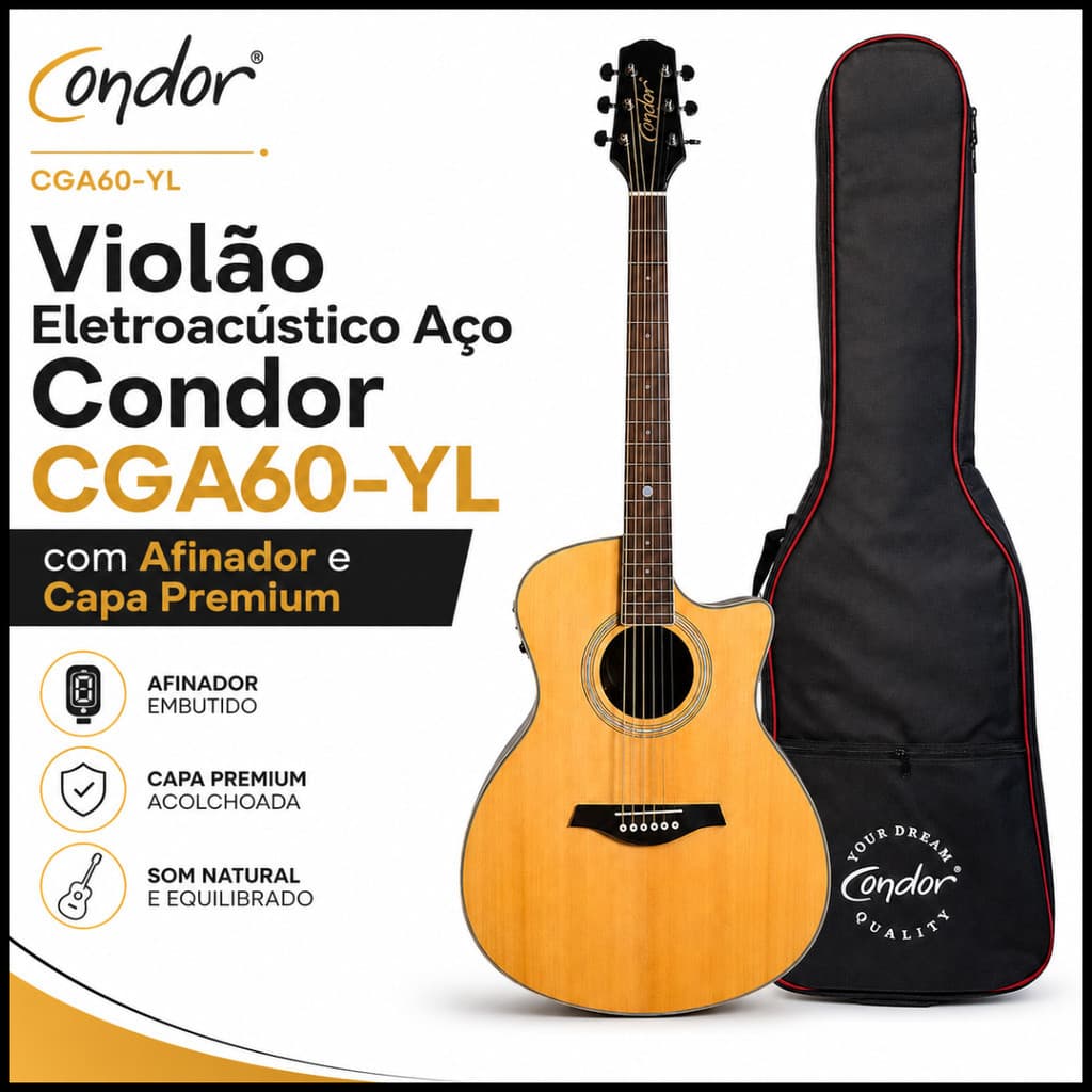 Violão Eletroacústico Aço Condor CGA60-YL com Afinador e Capa Premium