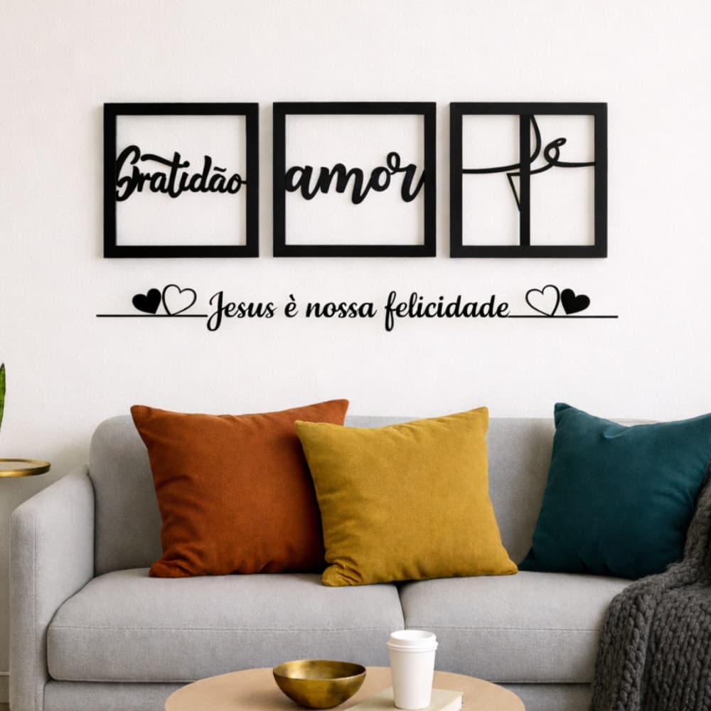 Kit 3 quadros Fé Amor e Gratidão frase Jesus é a Nossa Felicidade Religiosa de parede Decorativo Cabeceira