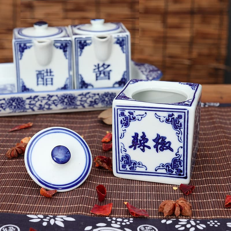 Conjunto de frasco de tempero azul branco cerâmica tempero garrafa frasco vinagre pote pimenta cozinha do agregado famil
