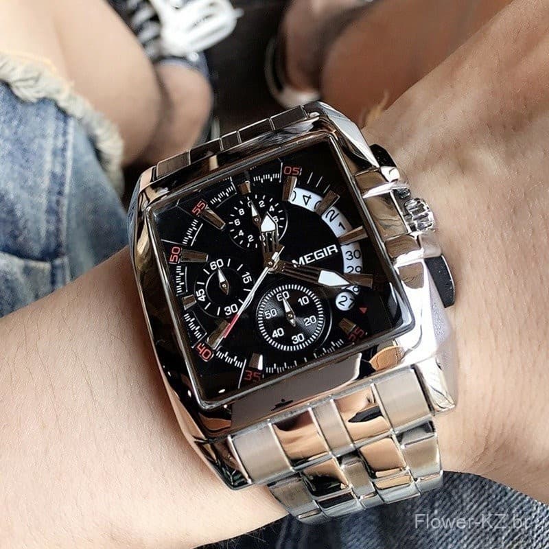 Relógio de Pulso Masculino de Luxo da Marca Top Megir, Mostrador Grande, Design Criativo, Relógio Esportivo em Aço Inoxi
